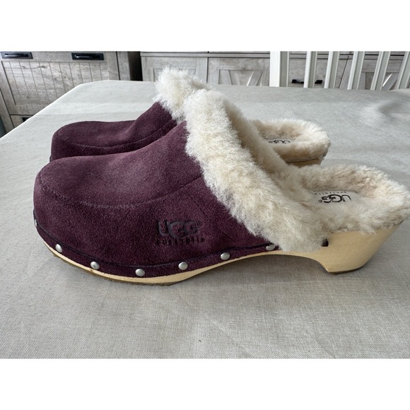 UGG Australia Shearling Clogs Womens 10 Plum Suede Wood Sole Slip On Fur Lined - Picture 15 of 16